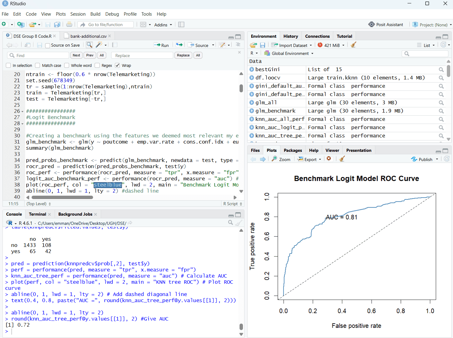 RStudio session showing the DSE model code beside a benchmark logit ROC curve