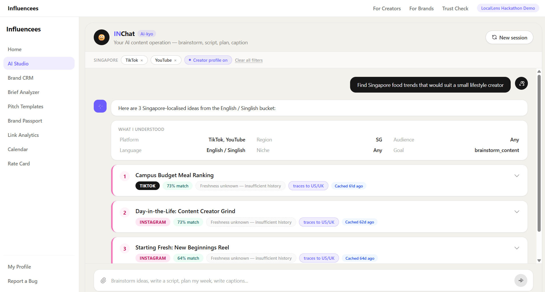 Local Lens AI studio suggesting Singapore-localised content ideas with match scores